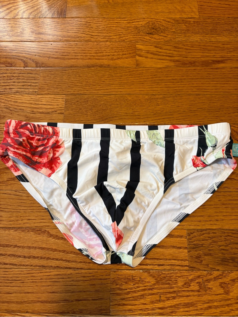 Men’s Black & White Stripe Floral Swim Brief size small